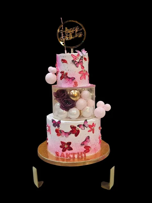 Pink Butterfly Floral Tier Cake