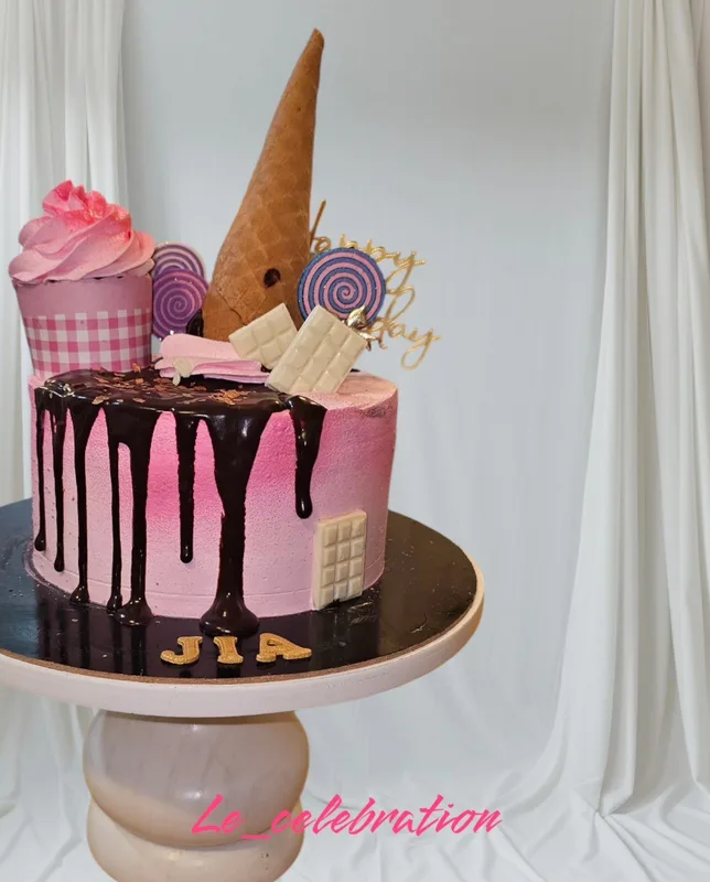 Pink Candy Ice Cream Drip Cake
