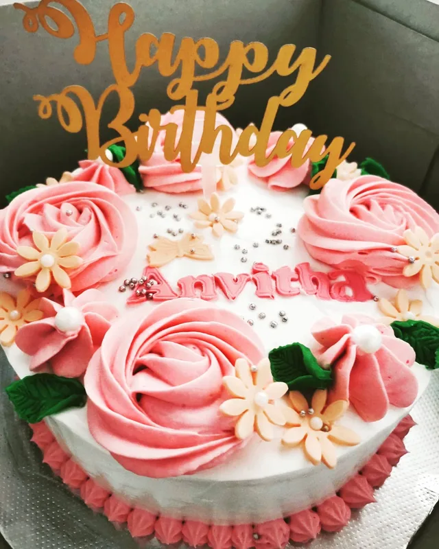 Pink Rosette Fresh Cream Birthday Cake
