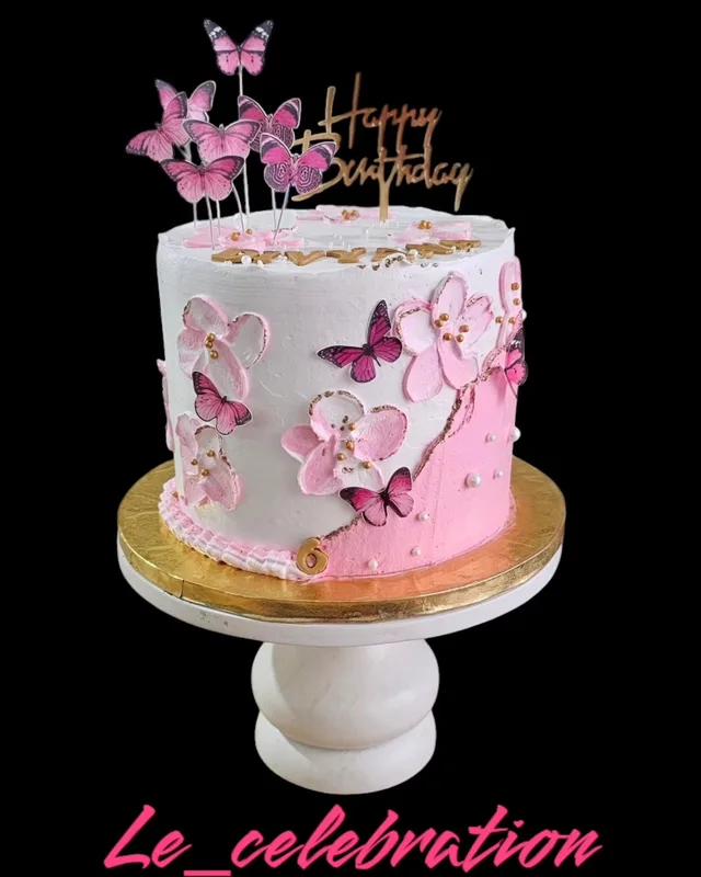 Pink Butterfly Floral Birthday Cake