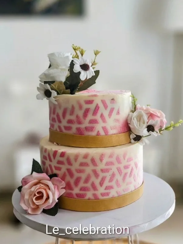 Pink Geometric Floral Two-Tier Cake