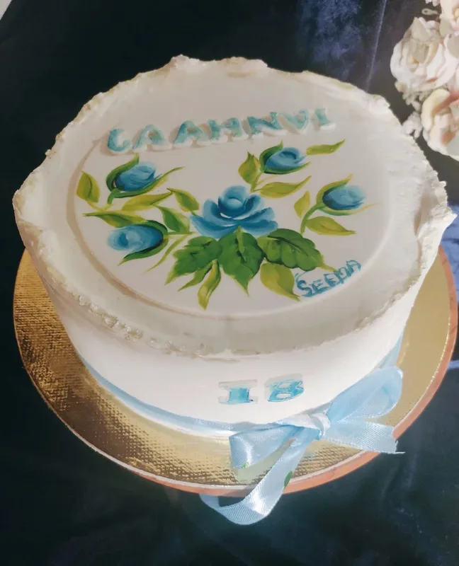 Hand-Painted Blue Floral Birthday Cake