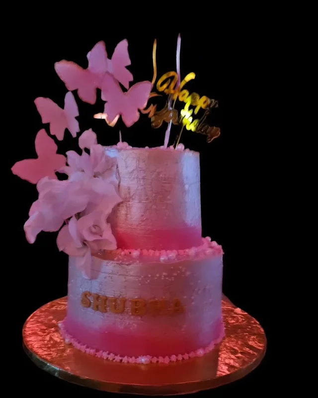 Pink Butterfly Two-Tier Birthday Cake