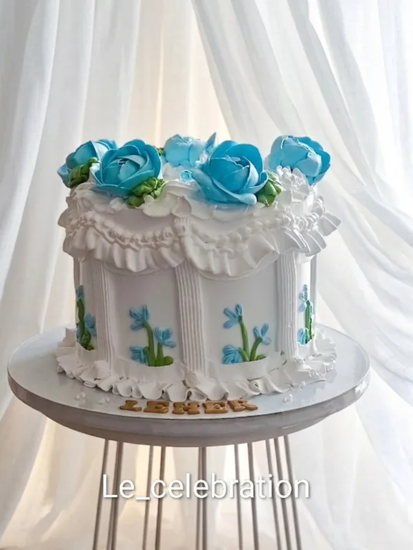 Vintage Blue Floral Ruffle Cake