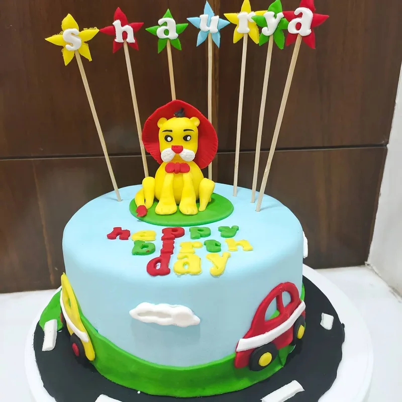 Lion and Cars Themed Birthday Cake